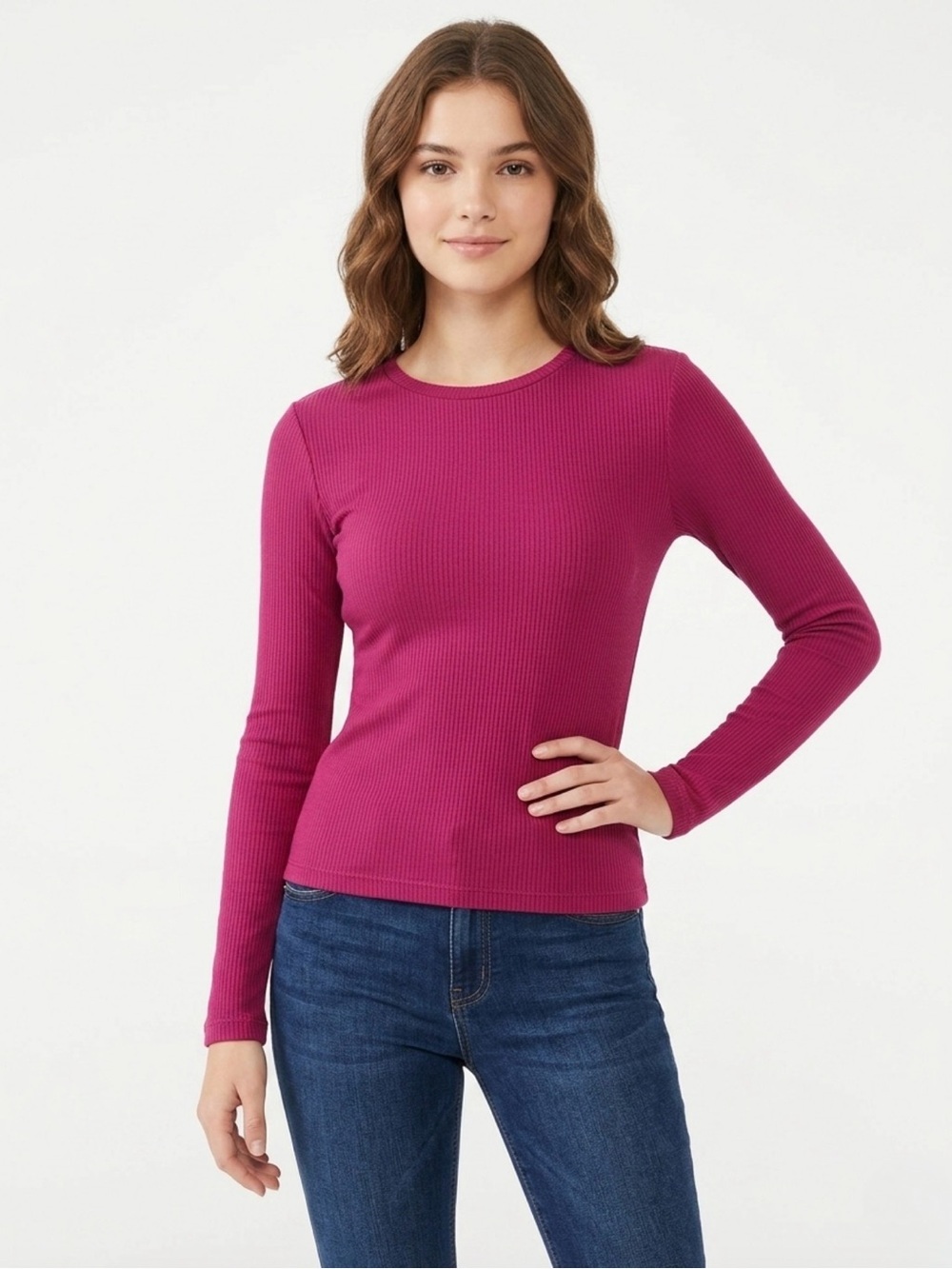 Banana Republic Magenta Pink Ribbed Crewneck Long Sleeve Top Size Medium